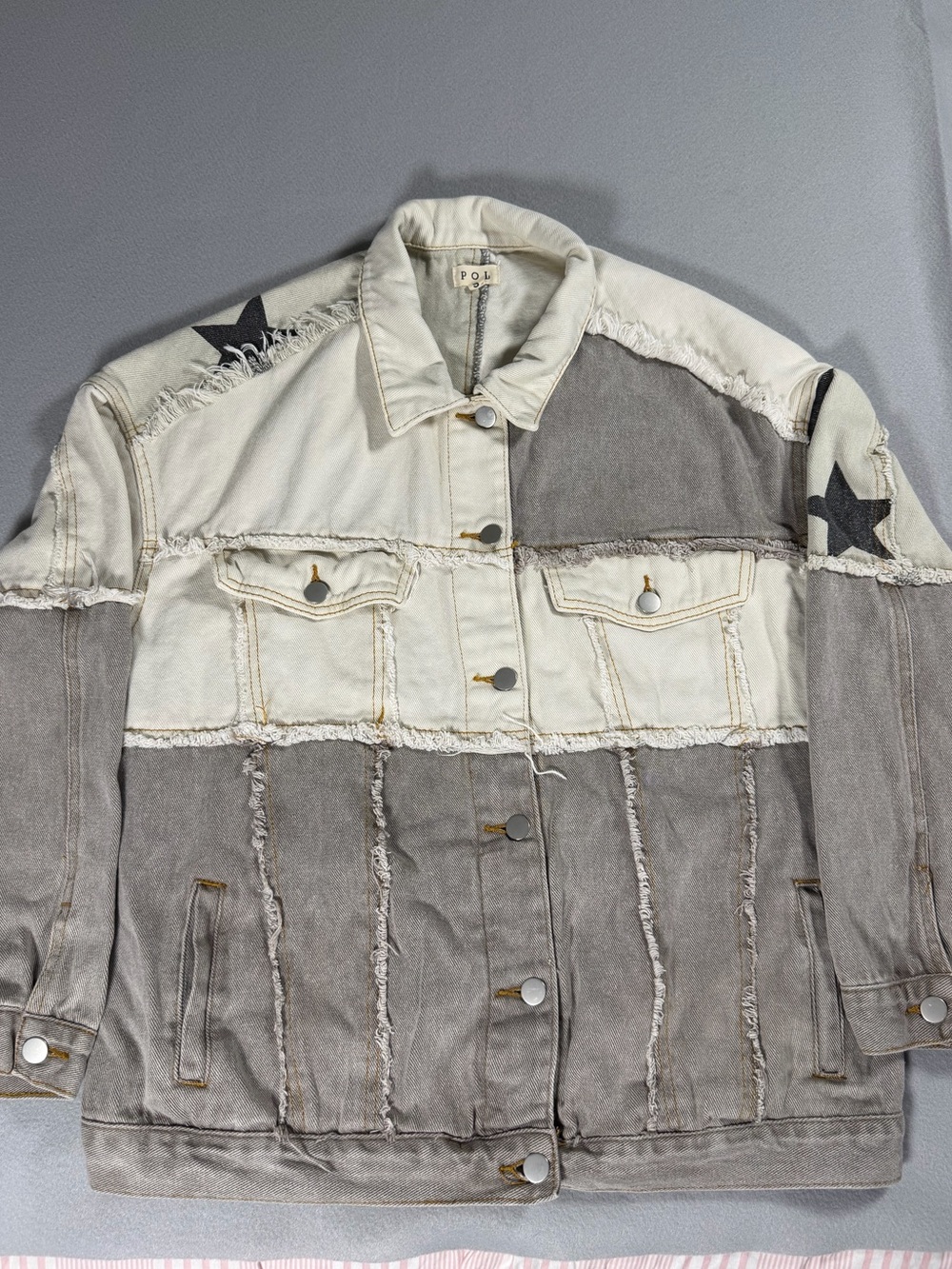 POL Two-Tone Star Patch Denim Jacket - Cream & Gray